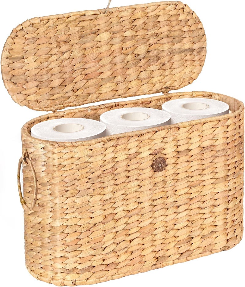 SIEUSALEVN Toilet Paper Storage, Water Hyacinth Baskets with Lid, Toilet Paper Baskets for Storage Holder 6 Rolls, Papers Basket with Built-in Handles for Organizer, Bathroom Accessories Organizer - Image 1